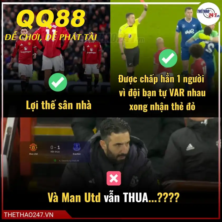 MU thua 0-1 trước Everton dù thi đấu hơn người gần như toàn trận